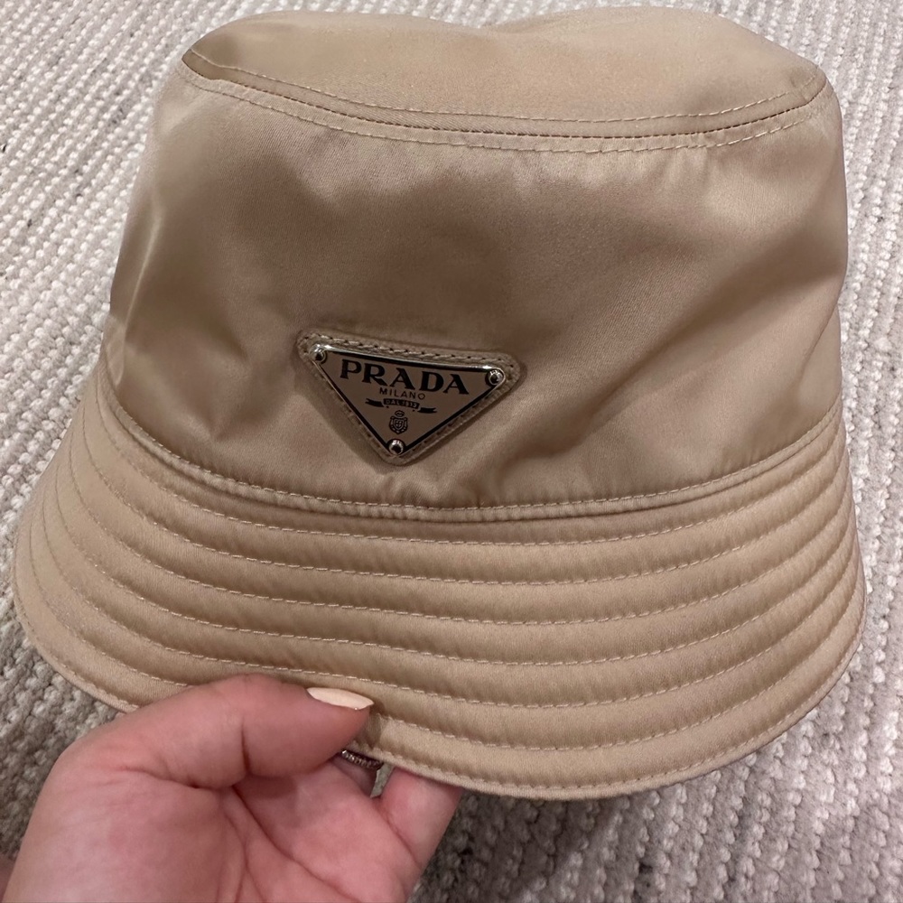 Authentic Prada Satin Bucket Hat in Beige with Triangle Logo - Picture 1 of 6
